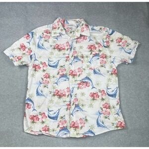 Haggar Shirt Mens LARGE Hawaiian Button Short Sleeve Floral Swordfish